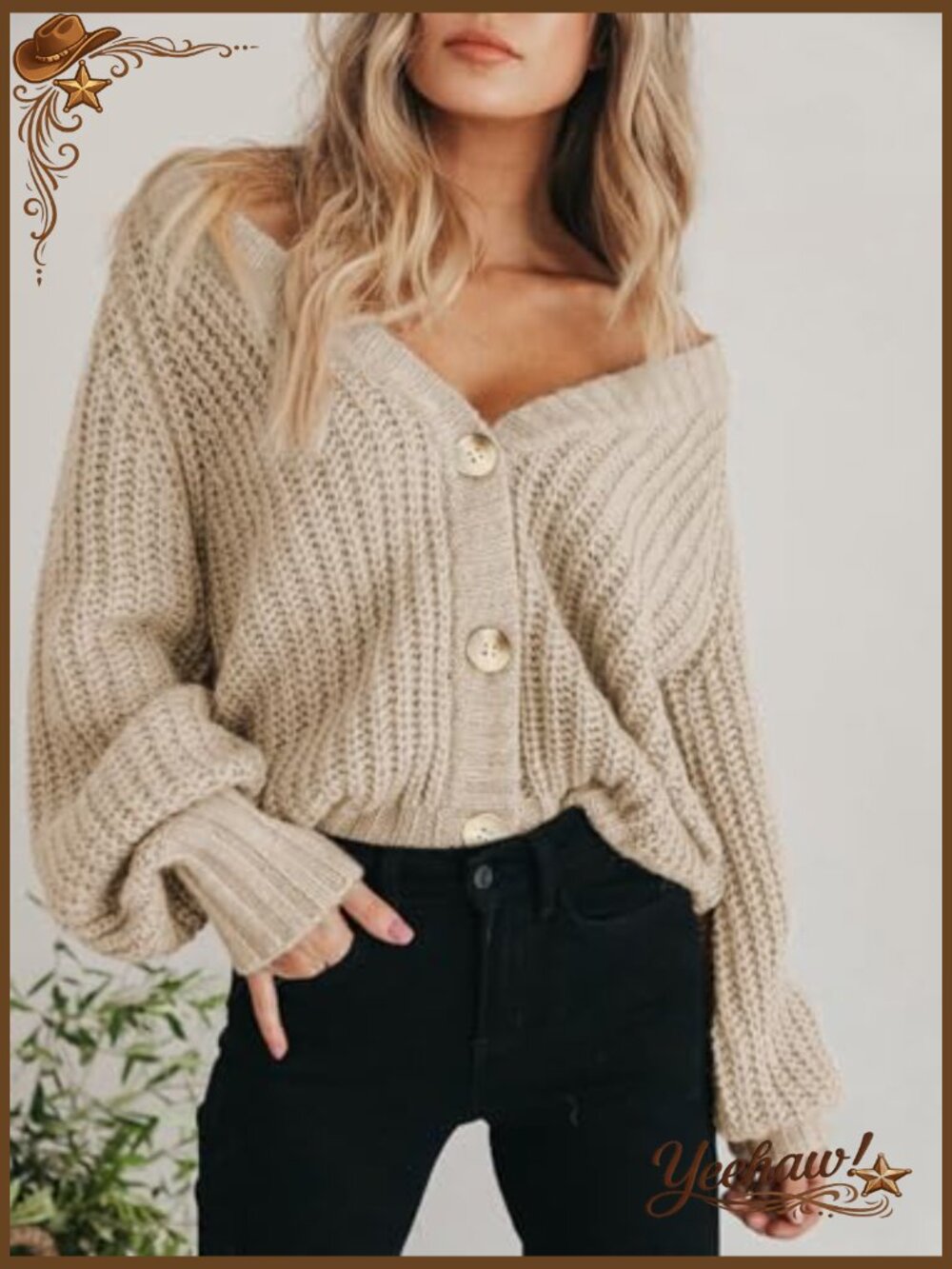 Chunky Knit Open Front Cardigan Long Sleeve Button Loose Short Sweater Coat - Picture 5 of 7